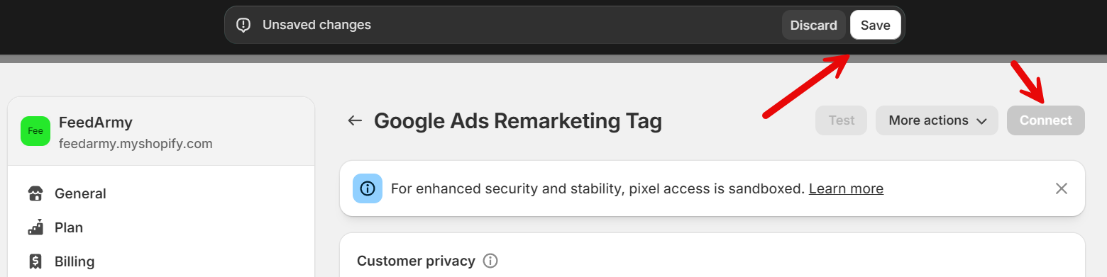 Save and Connect Shopify Pixel