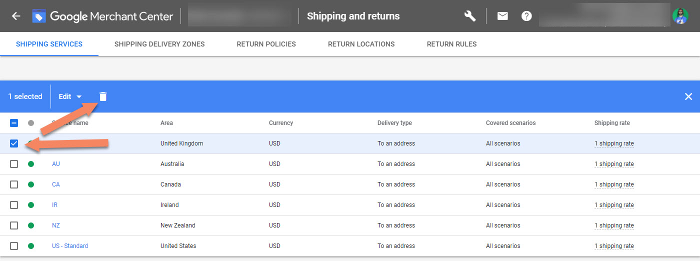 Google Merchant Center Delete Shipping Settings