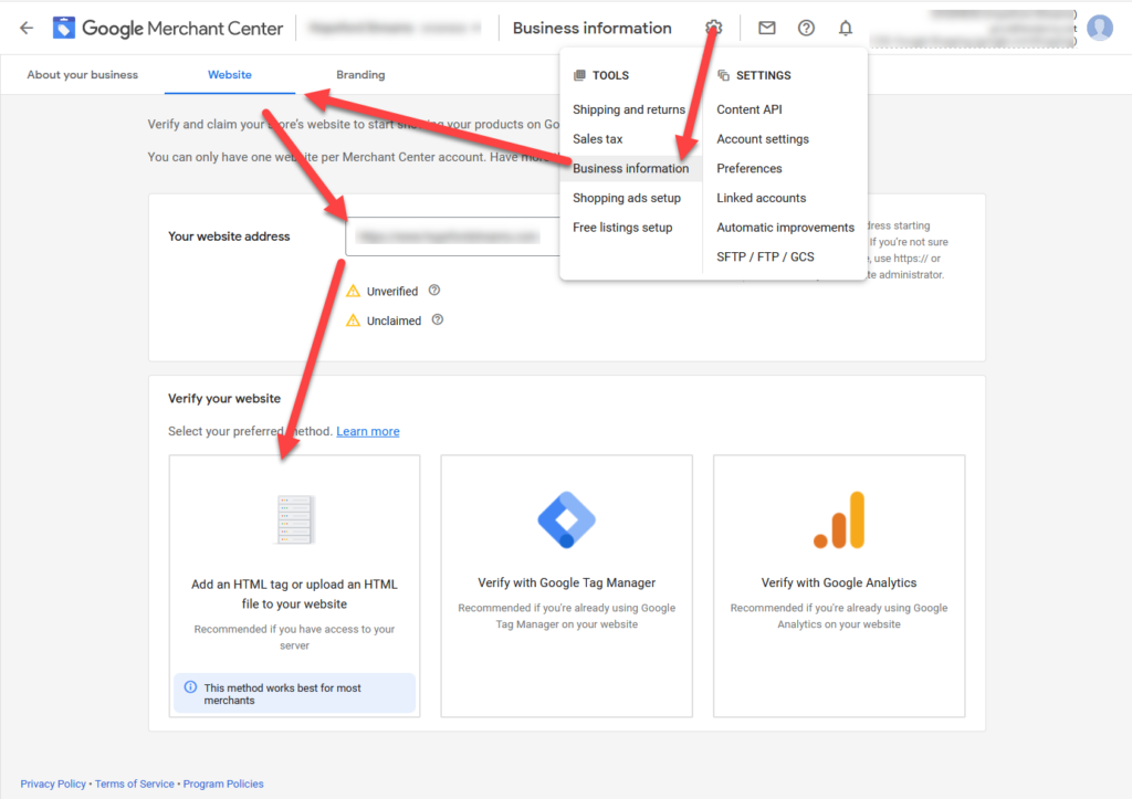 Google Merchant Center Verify and Claim