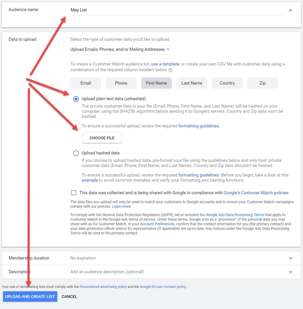 Google Ads Upload and Create Customer List