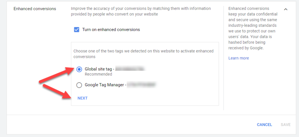 Google Ads Enhanced Conversions Choose Global Tag