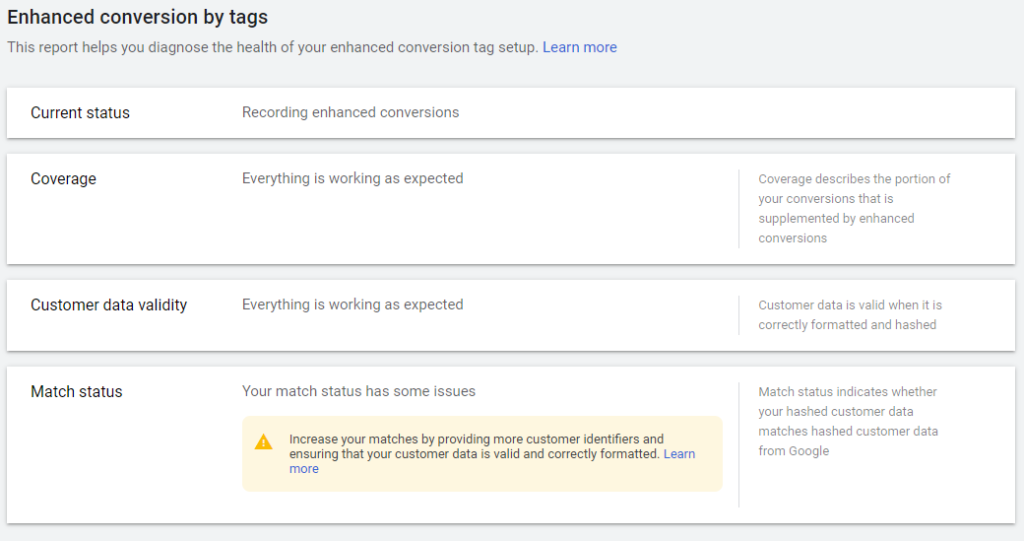 Google Ads Enhanced Conversions Match Status Issues