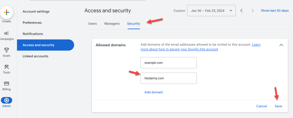 Google Ads Add Allowed Domains