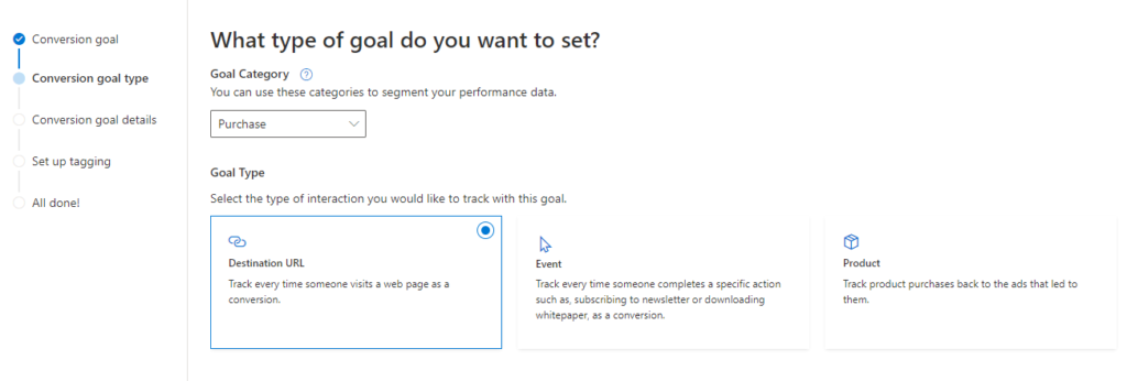 Microsoft Conversion Goal - Website Purchase Goal Type
