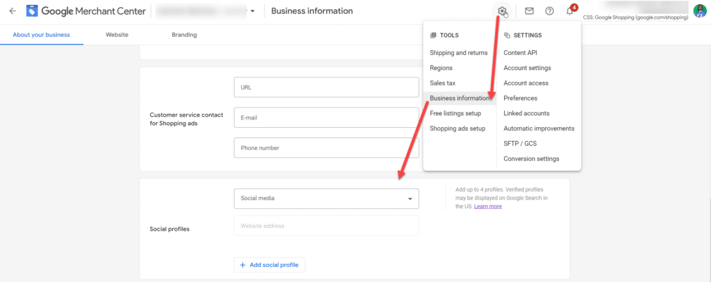 Google Merchant Center Add Social Profiles