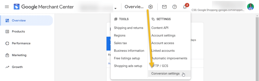 Google Merchant Center Conversion Settings