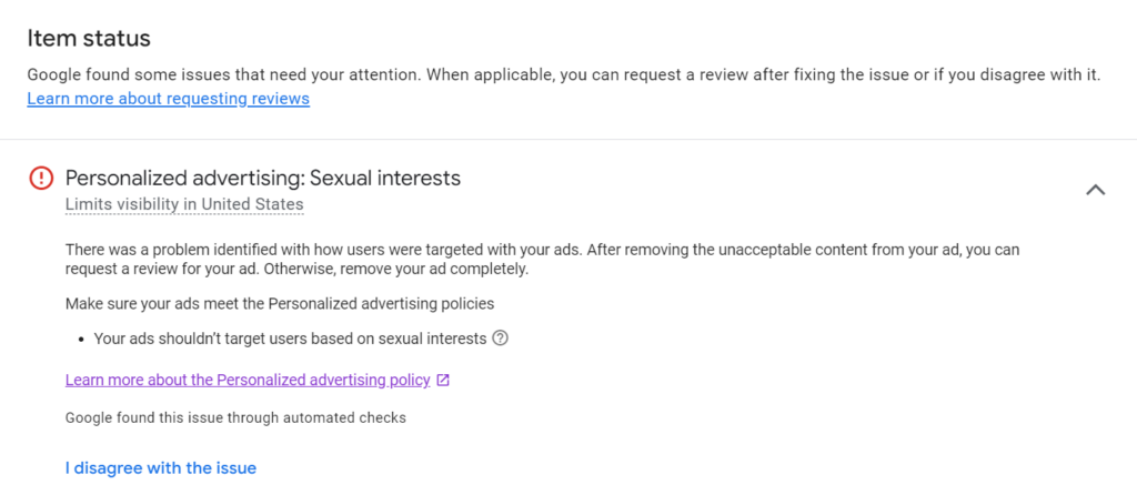 Google Merchant Center Personalized Advertising Sexual Interest