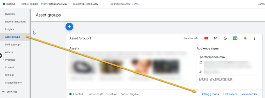 Google Ads Performance Max, Choose Listing Groups