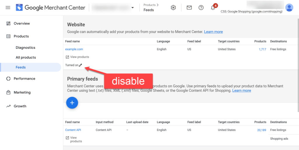Google Merchant Center Disable Web Crawler