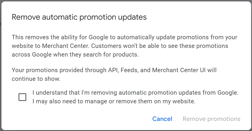 Google Merchant Center Remove Automatic Promotion Updates
