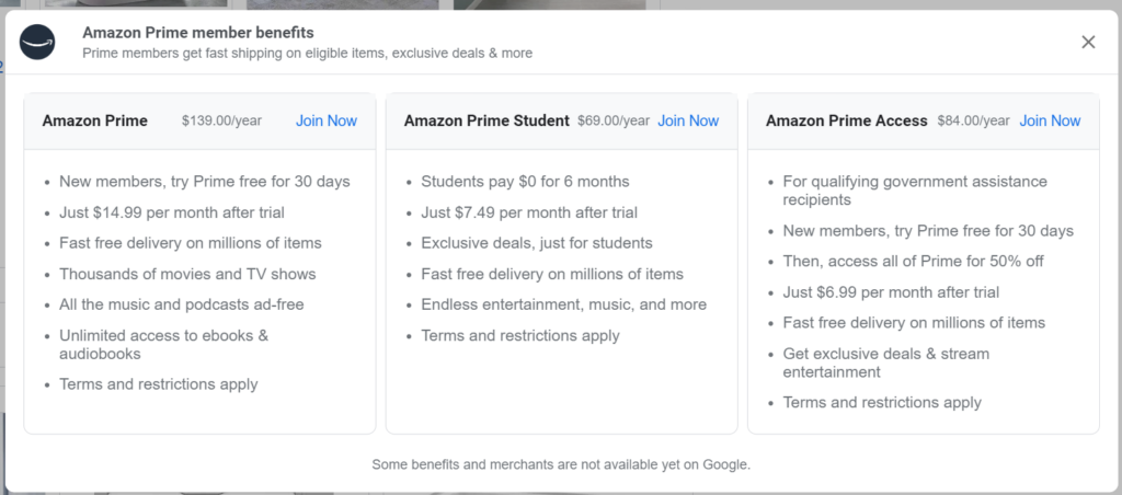 Google Shopping Amazon Prime Member Benefits