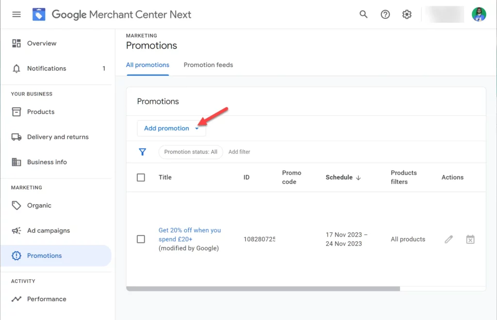 Google Merchant Center Enable Promotions