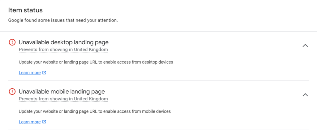 Google Merchant Center Unavailable Landing Page Product Information