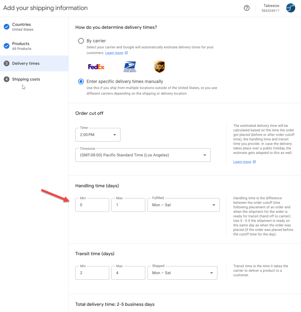 Google Merchant Center Add Manual Shipping Times