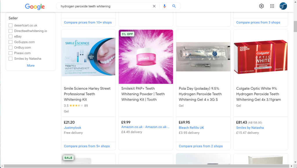 Google Shopping Results Hydrogen Peroxide Teeth Whitening