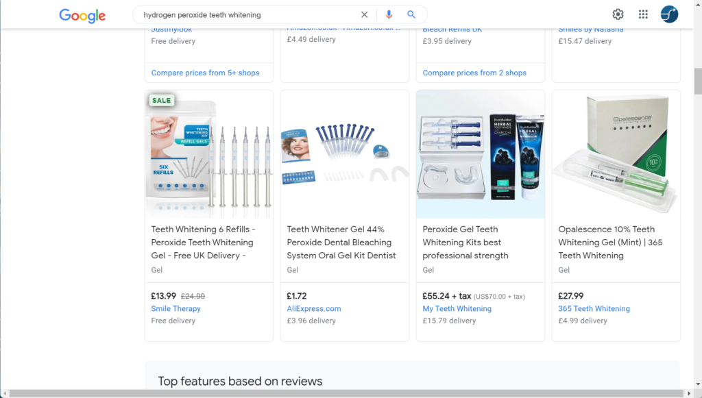 Google Shopping Results Hydrogen Peroxide Teeth Whitening