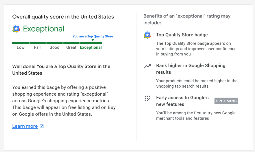 Google Merchant Center Exceptional Score